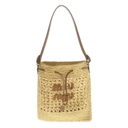 Miu Miu Logo Motif Mini Handbag Drawstring Bag Beige Brown Woven Fabric Gold