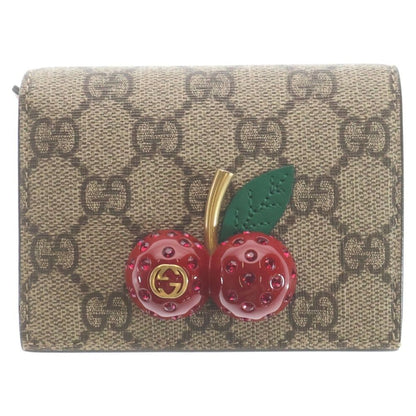 Gucci GG Supreme Cherry Compact Wallet Bifold Beige Red