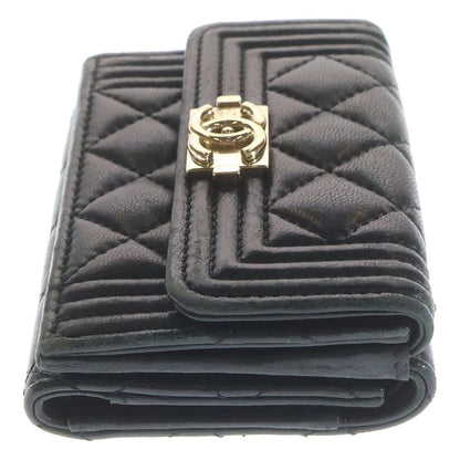 Chanel Quilted Compact Wallet Trifold Coin Case Black Lambskin Gold — view 3