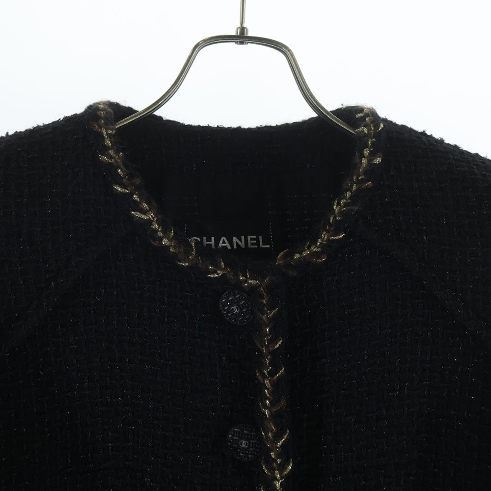 Chanel CC Logo Button Lame Tweed Peplum Collarless Jacket Black — view 3