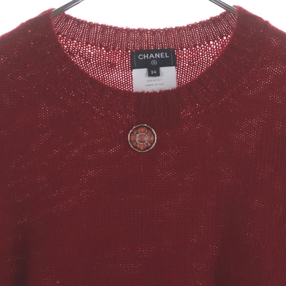 Chanel Flower Brooch Wool Side Line Crew Neck Knit Sweater Red — view 3