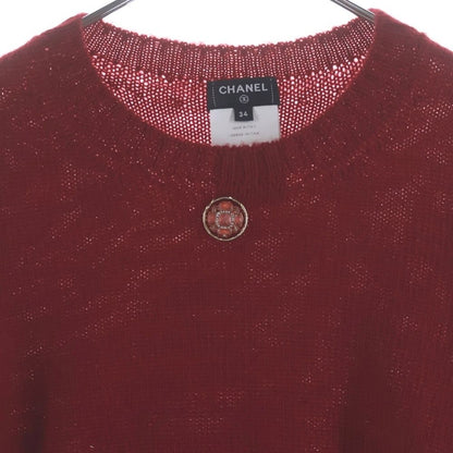 Chanel Flower Brooch Wool Side Line Crew Neck Knit Sweater Red — view 3