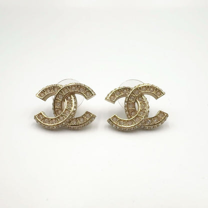 Chanel CC Logo Line Stone Color Clear Gold Earrings — view 5