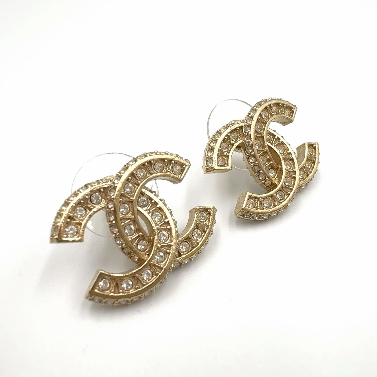 Chanel CC Logo Line Stone Color Clear Gold Earrings — view 8