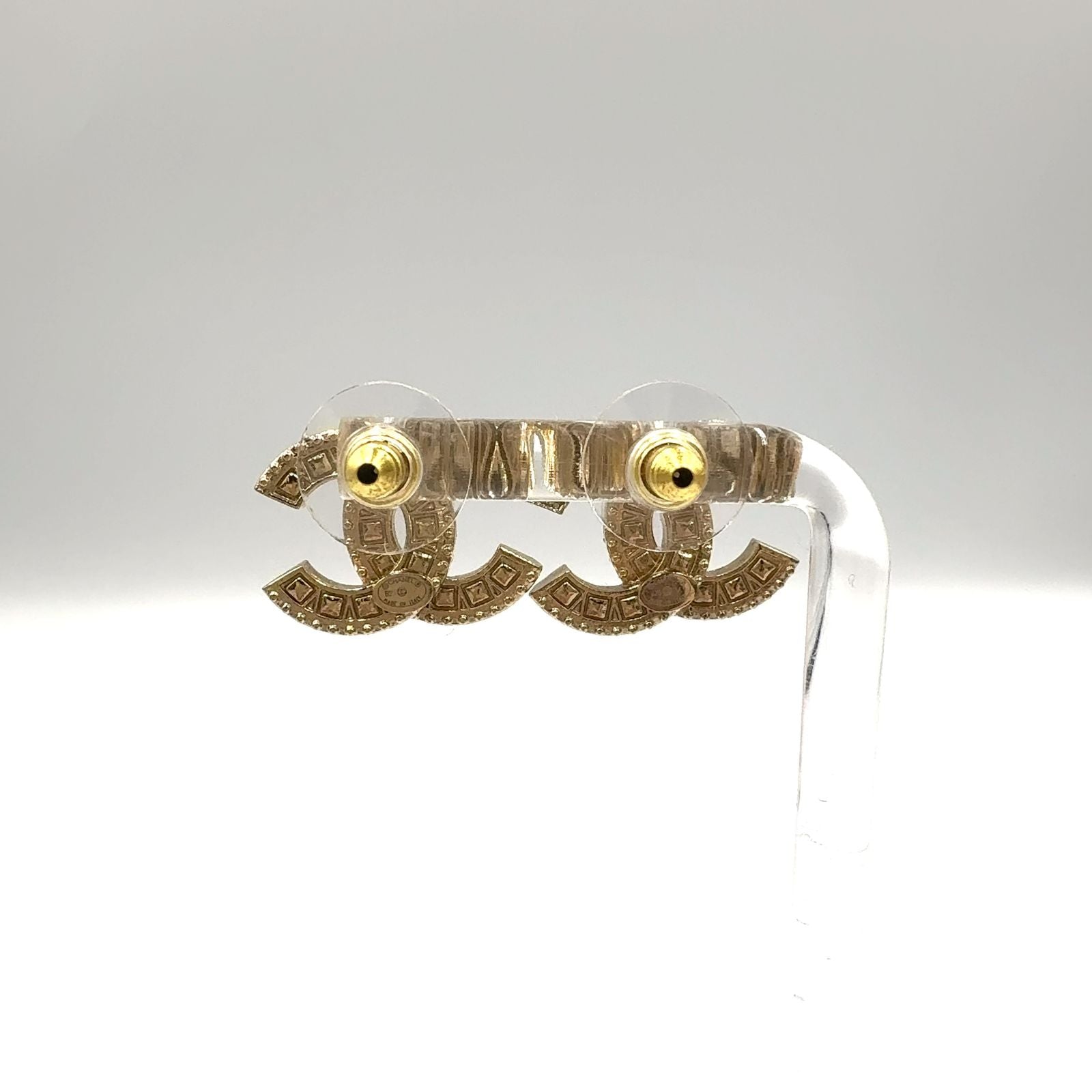 Chanel CC Logo Line Stone Color Clear Gold Earrings — view 3