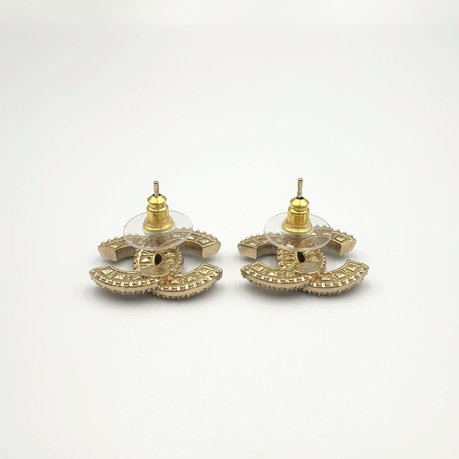 Chanel CC Logo Line Stone Color Clear Gold Earrings — view 6