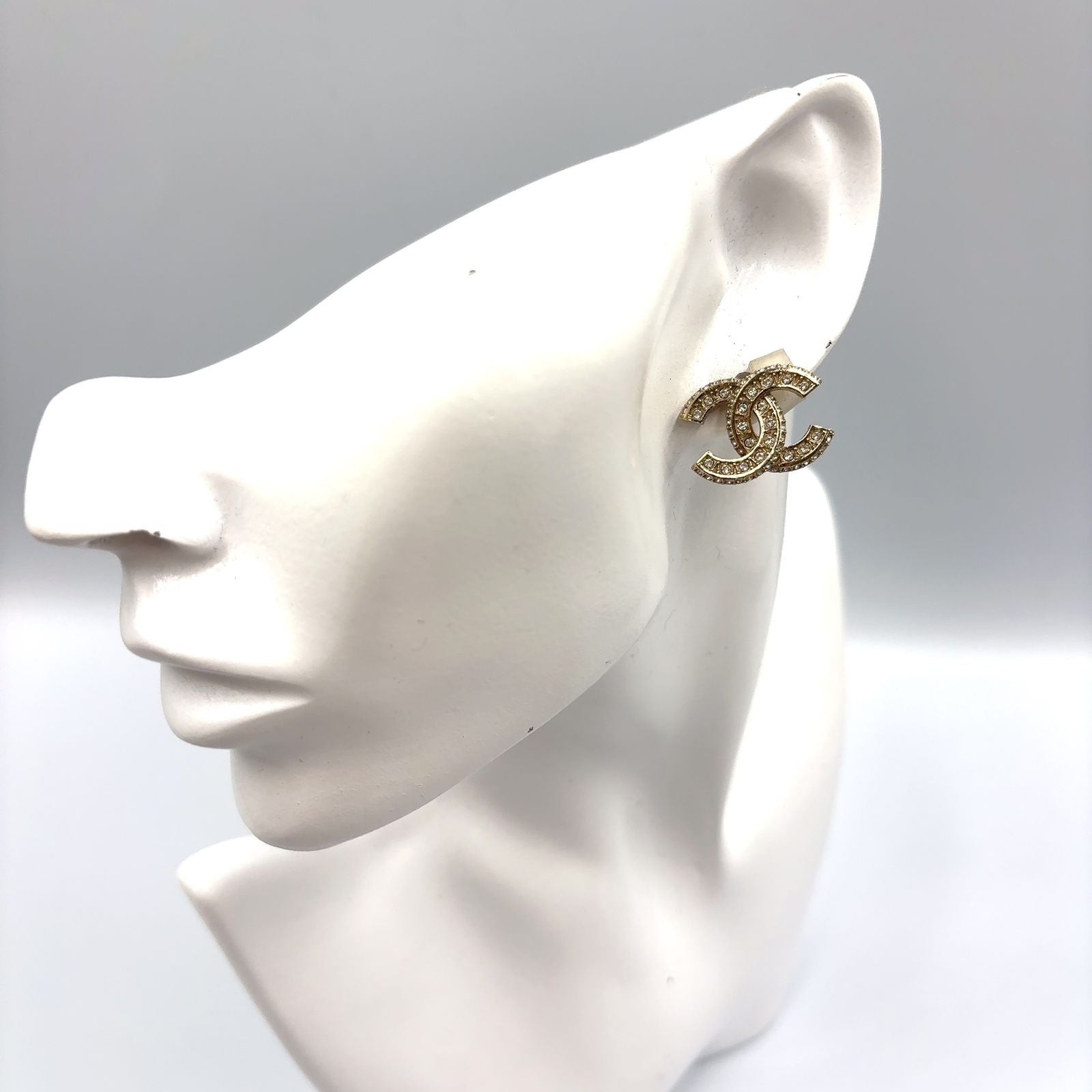 Chanel CC Logo Line Stone Color Clear Gold Earrings — view 9