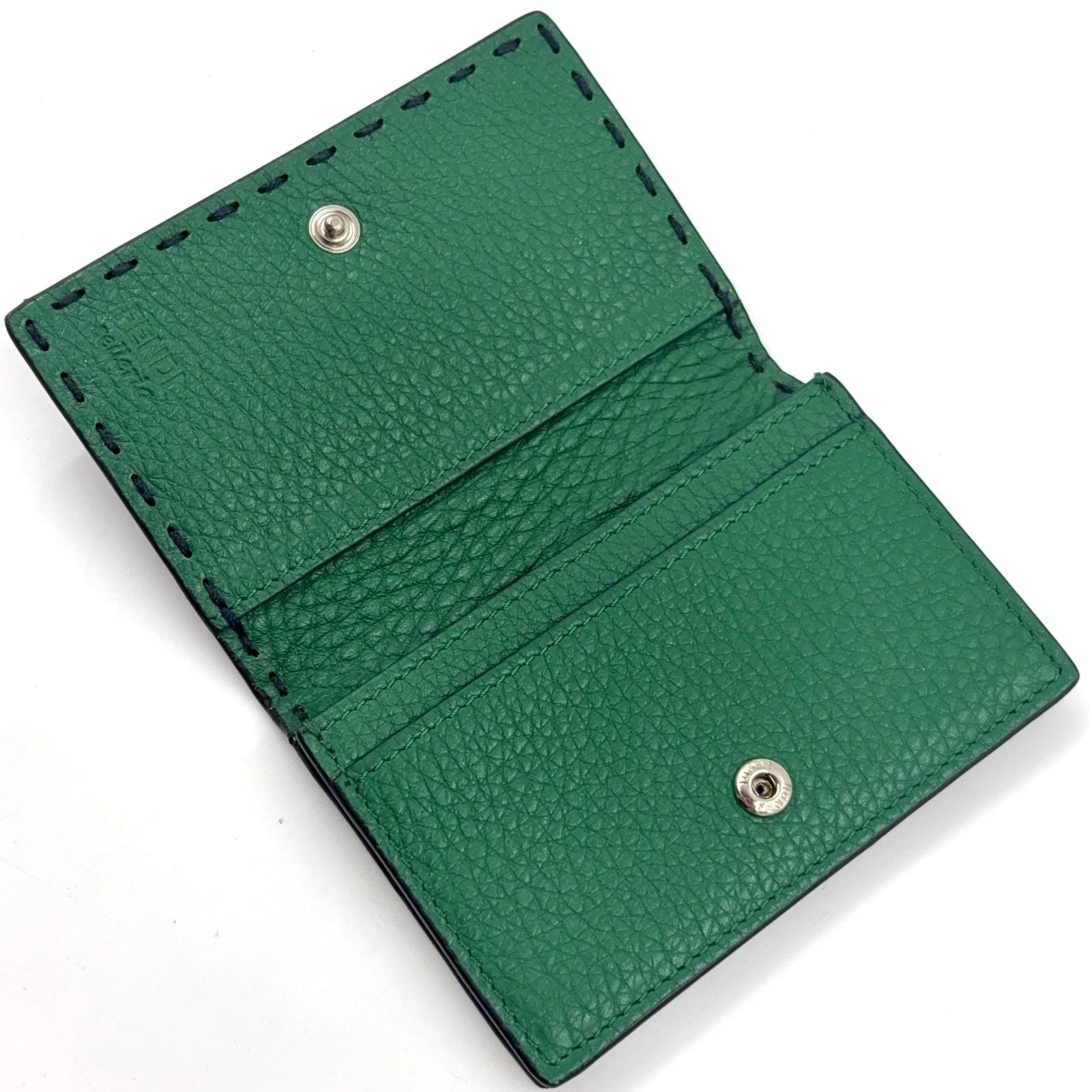 Fendi Selleria Bifold Leather Green Navy Card Case Silver — view 3