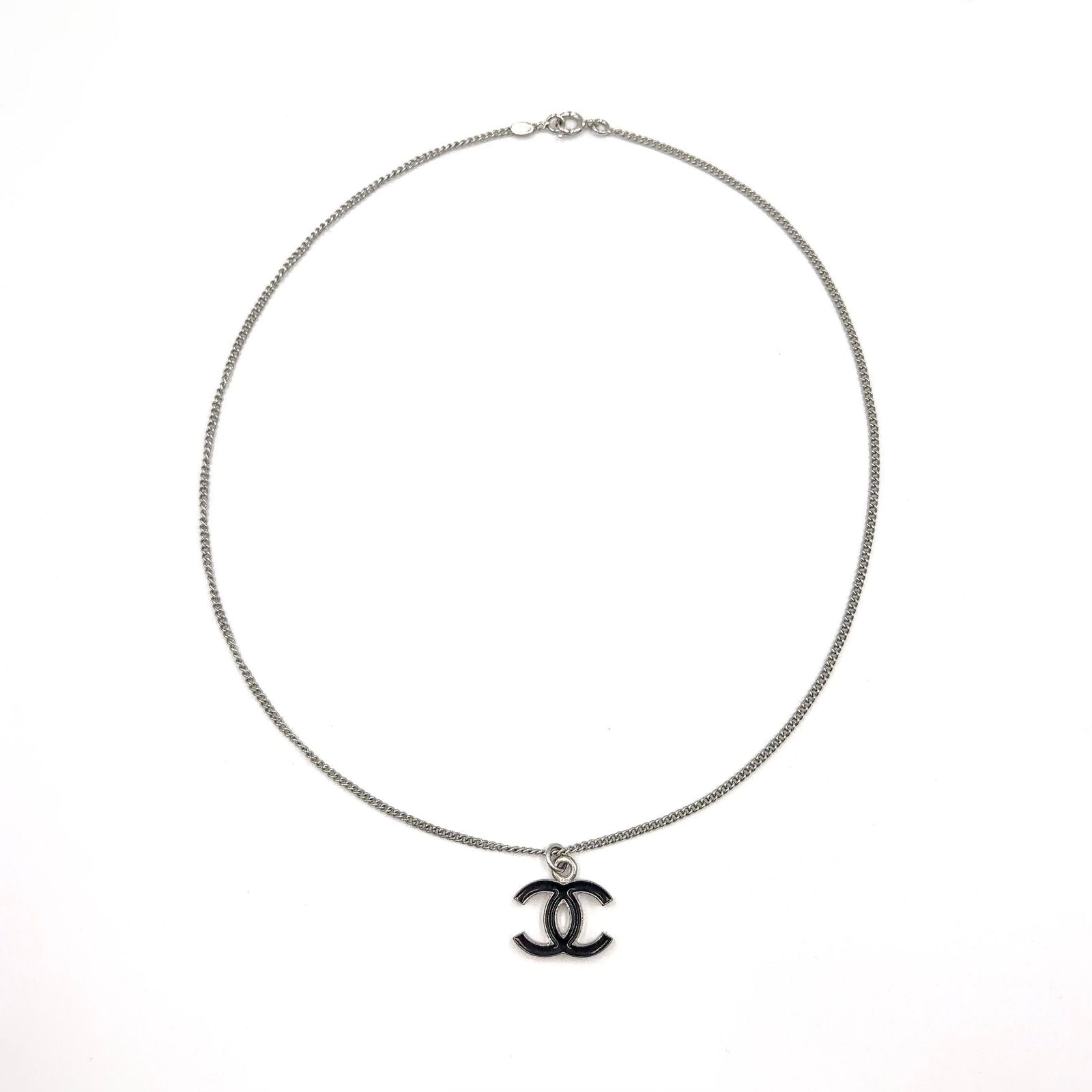 Chanel CC Logo Metal Enamel Silver Black Necklace — view 3