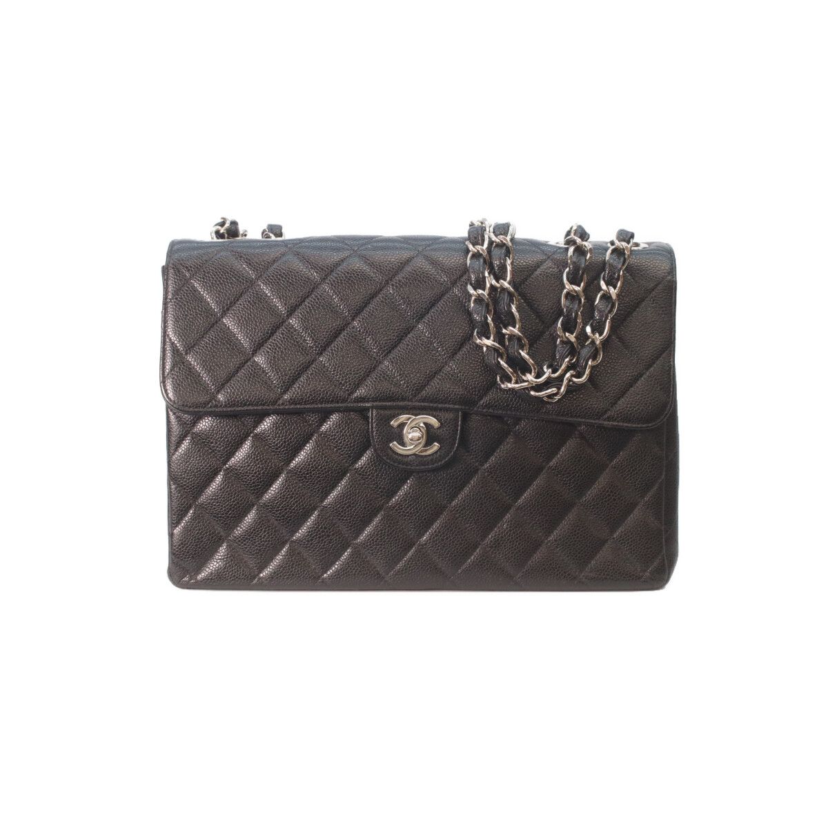 Chanel Black Caviar Silver Single Flap Big Quilted 30