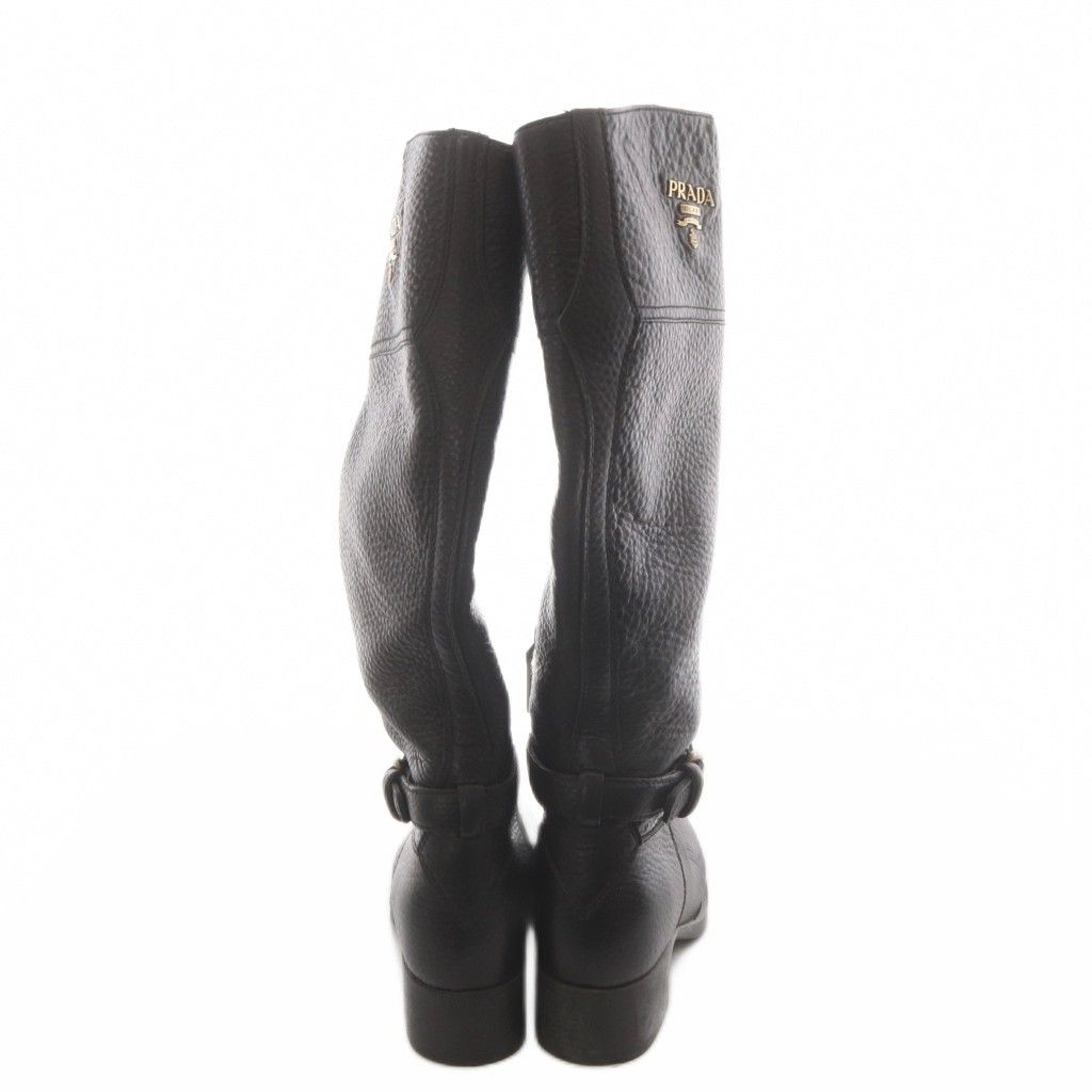 Prada Long Boots Chunky Heels Logo Leather Black — view 3