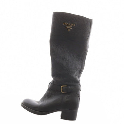 Prada Long Boots Chunky Heels Logo Leather Black