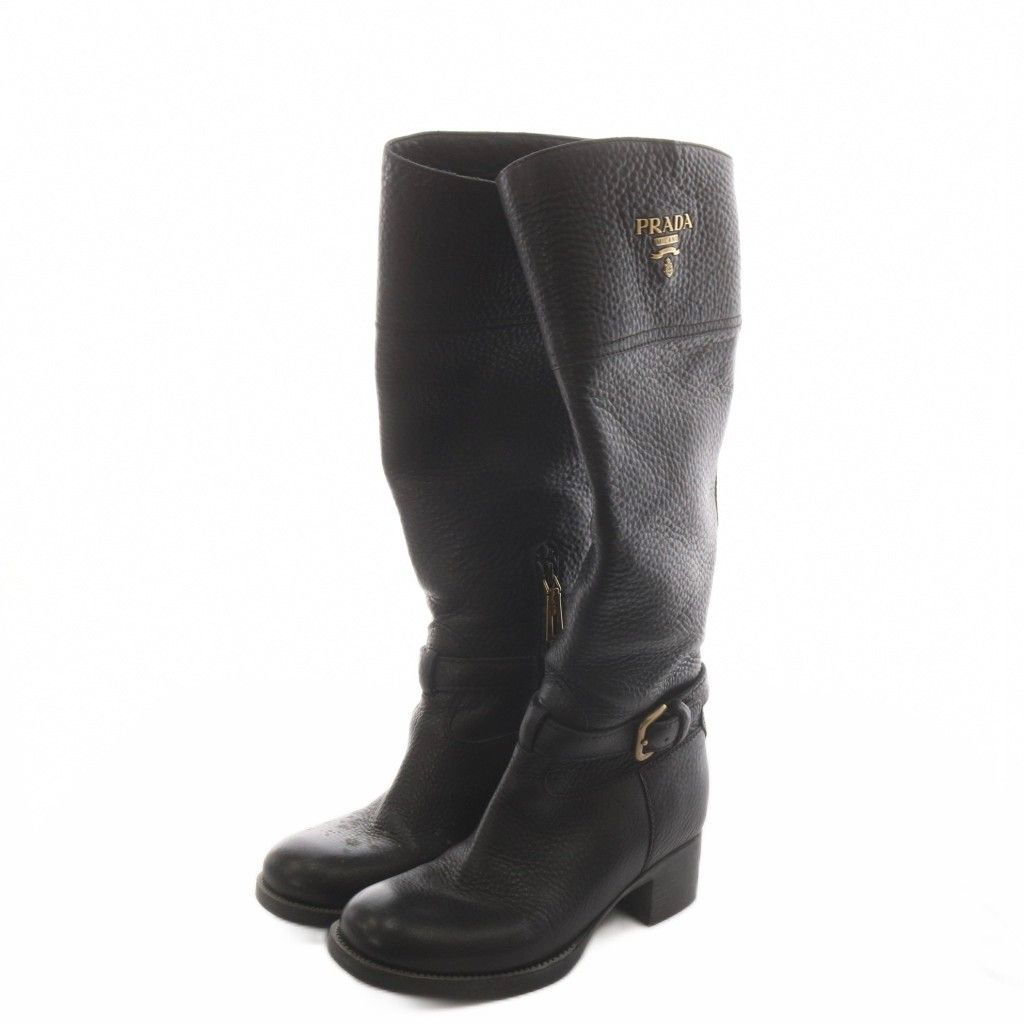 Prada Long Boots Chunky Heels Logo Leather Black — view 2