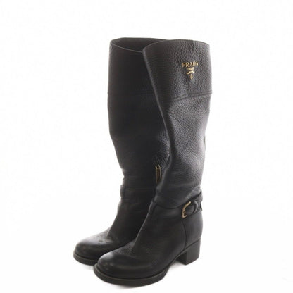 Prada Long Boots Chunky Heels Logo Leather Black — view 2