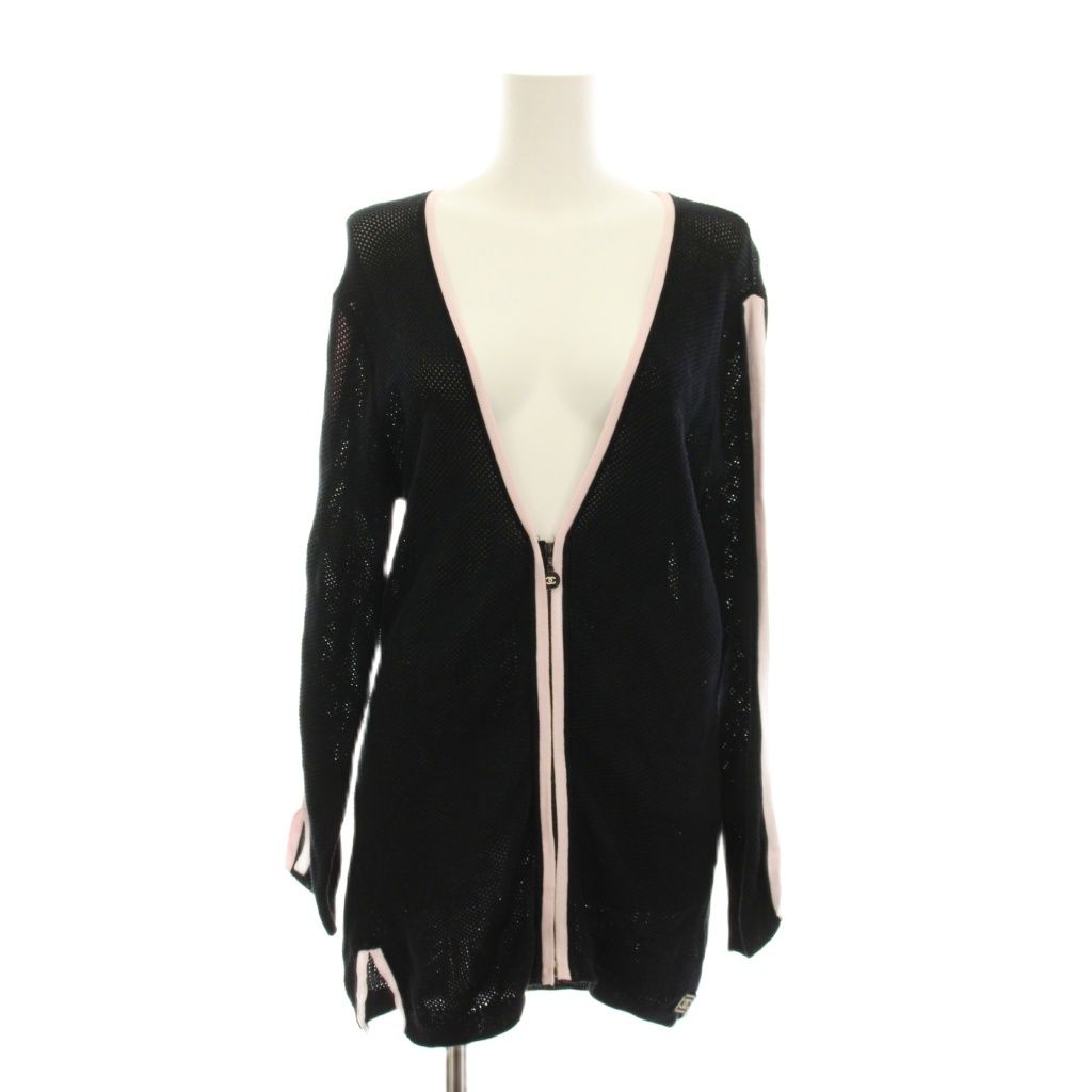 Chanel Sports Line Mesh Cardigan Knit CC Logo Long Sleeve 42 Black Pink YM