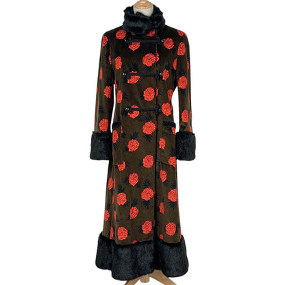 Gucci Flower Pattern Long Coat Ken Scott Fur Cotton Polyurethane Brown Red