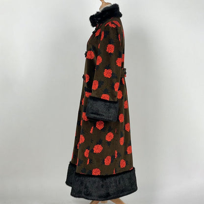 Gucci Flower Pattern Long Coat Ken Scott Fur Cotton Polyurethane Brown Red — view 2