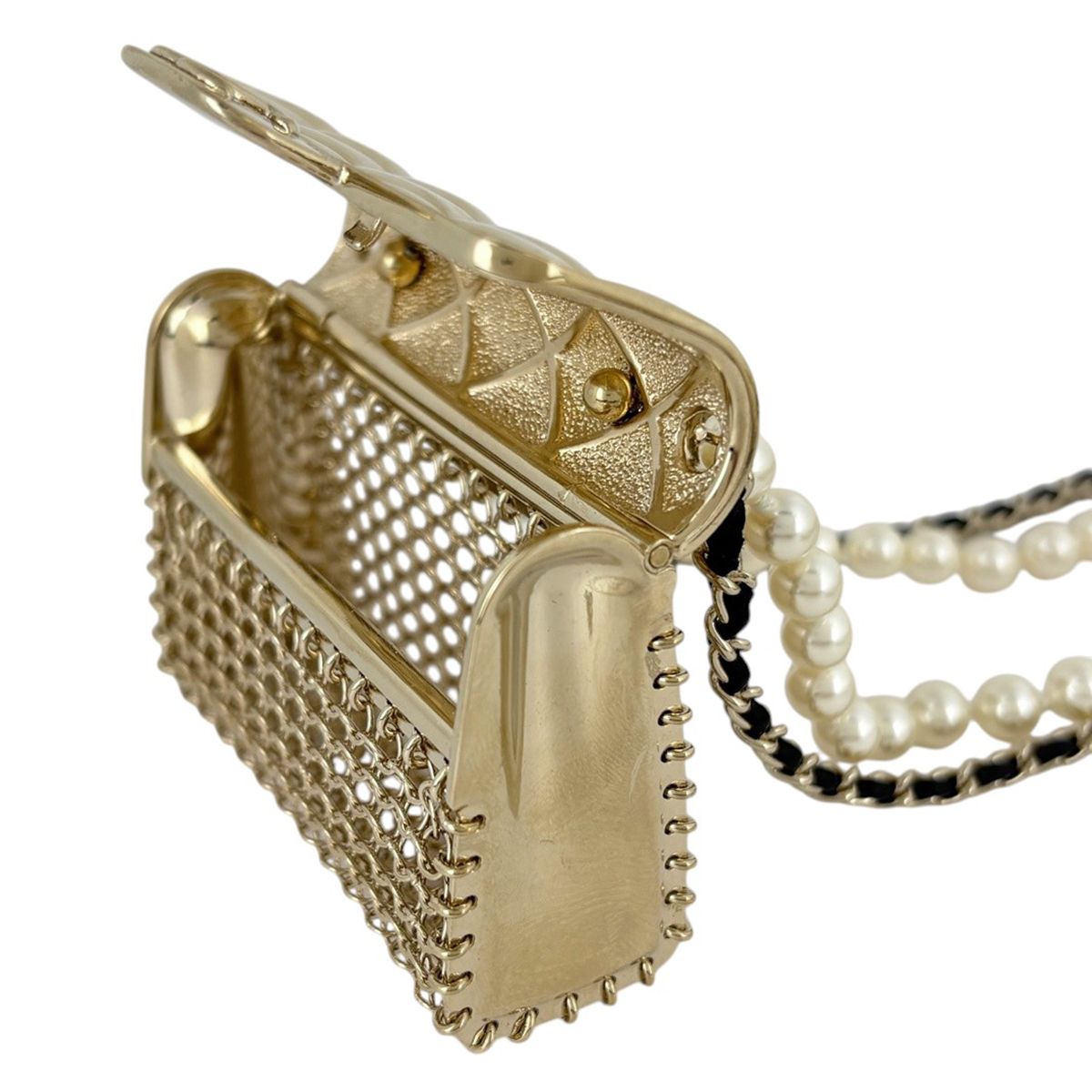 Chanel Quilted Bag Motif Necklace CC Logo Long 2 Row Leather Faux Pearl Gold — view 5