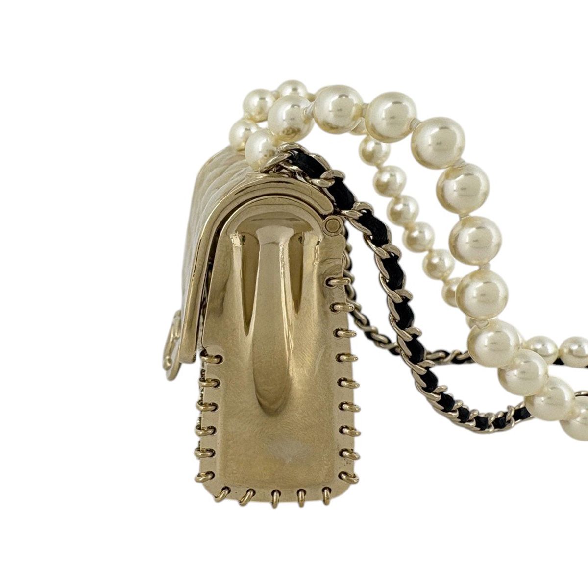 Chanel Quilted Bag Motif Necklace CC Logo Long 2 Row Leather Faux Pearl Gold — view 4