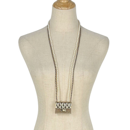 Chanel Quilted Bag Motif Necklace CC Logo Long 2 Row Leather Faux Pearl Gold — view 8