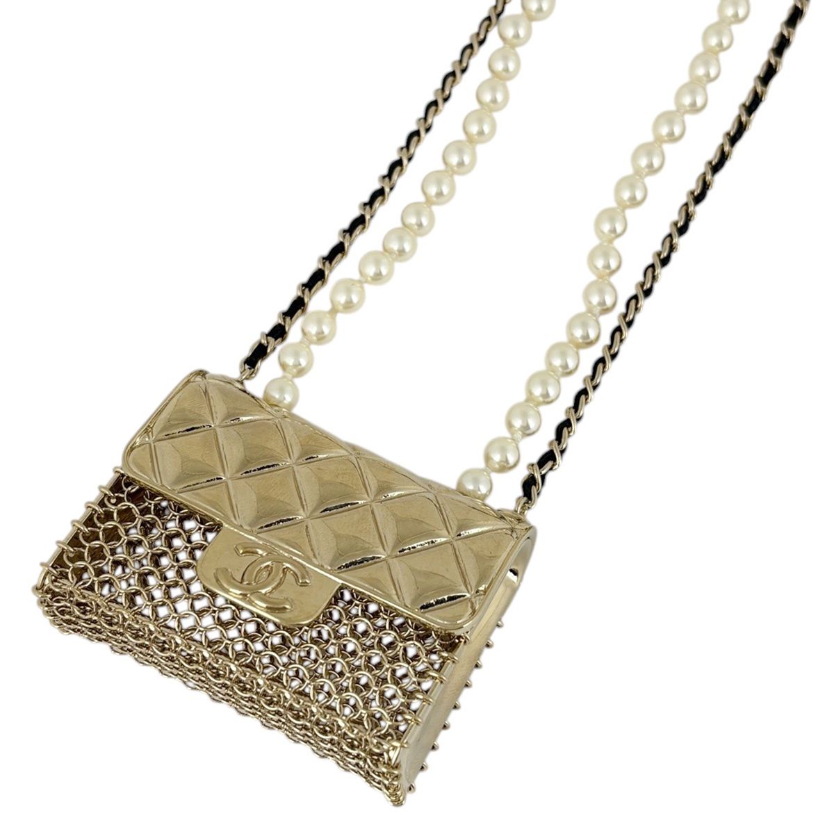 Chanel Quilted Bag Motif Necklace CC Logo Long 2 Row Leather Faux Pearl Gold