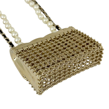 Chanel Quilted Bag Motif Necklace CC Logo Long 2 Row Leather Faux Pearl Gold — view 3
