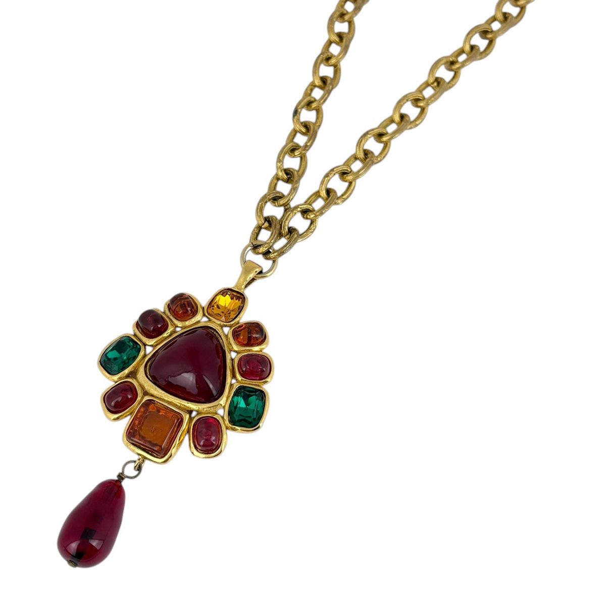 Chanel CC Logo Color Stone Necklace Gripoix Long Gold Plated