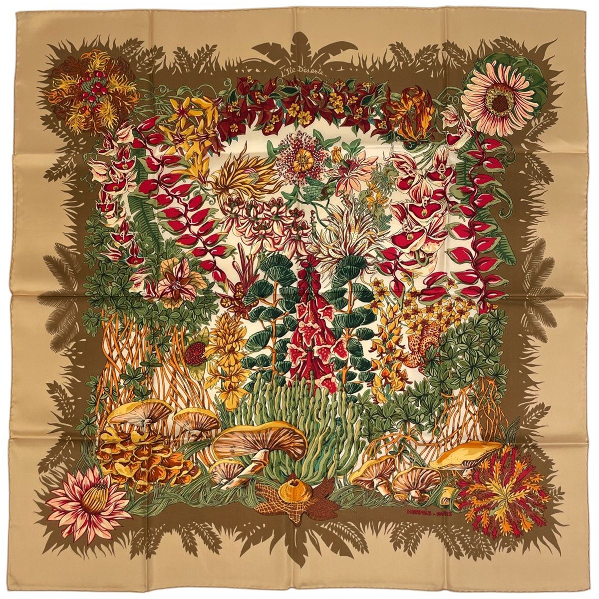 Hermes Carre 90 L'ile Deserte Human Island Scarf Silk Brown Multicolor