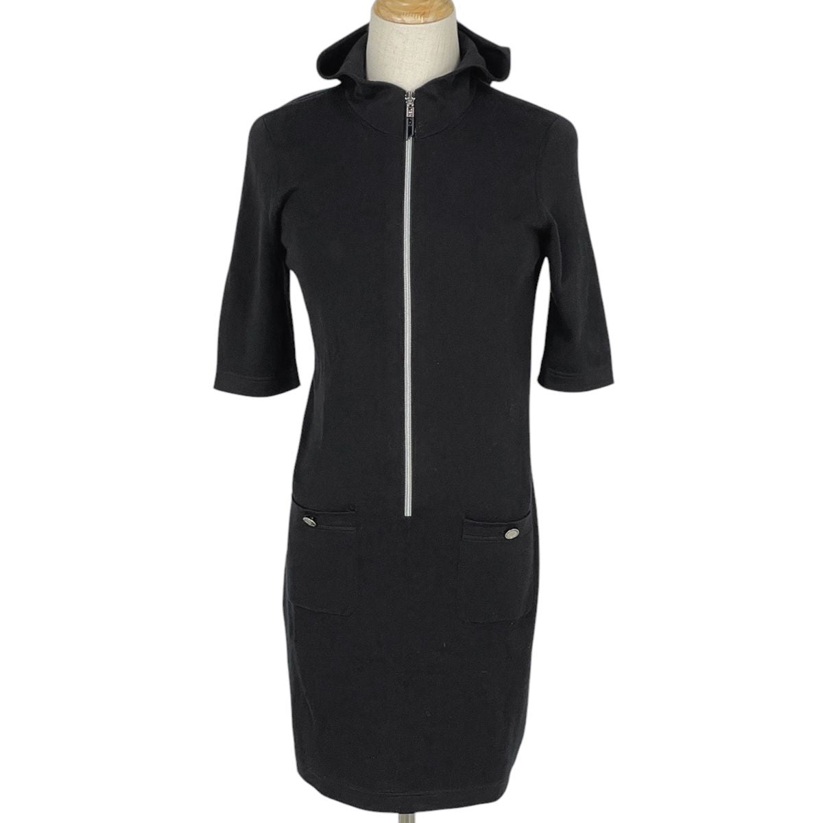 Chanel Zip Up Short Sleeve Dress Knit Skirt Cotton Cashmere Black