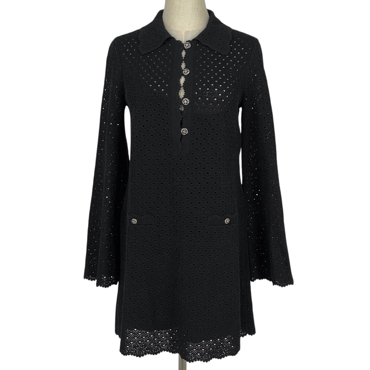 Chanel Openwork Knit Dress Clover Skirt Black