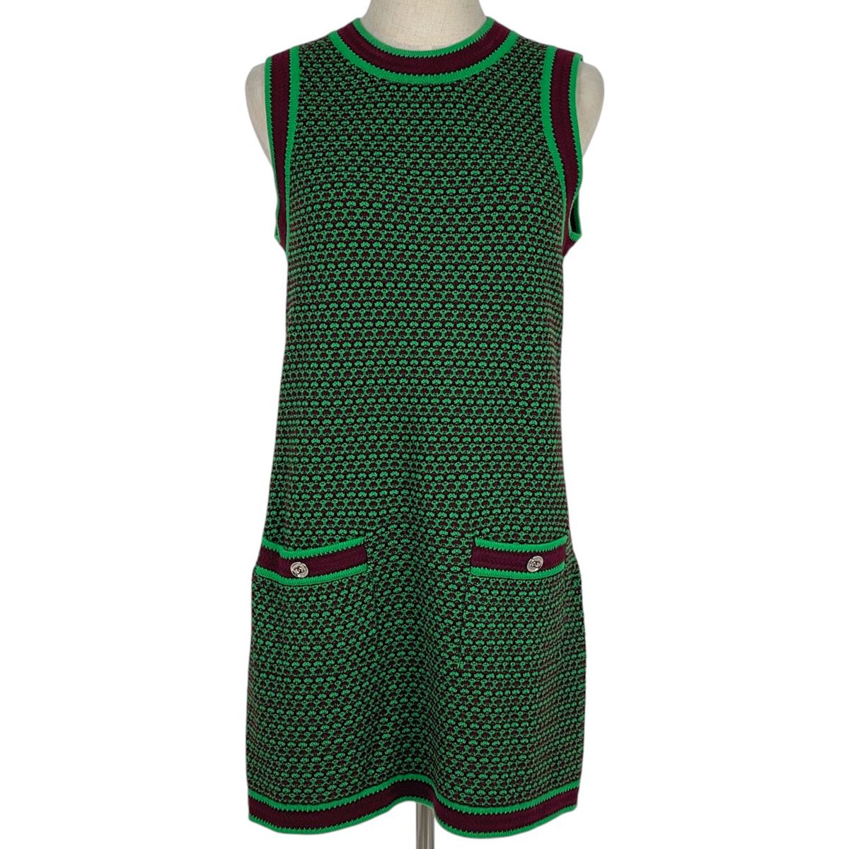 Chanel CC Logo Button Sleeveless Dress Knit Skirt Cashmere Green