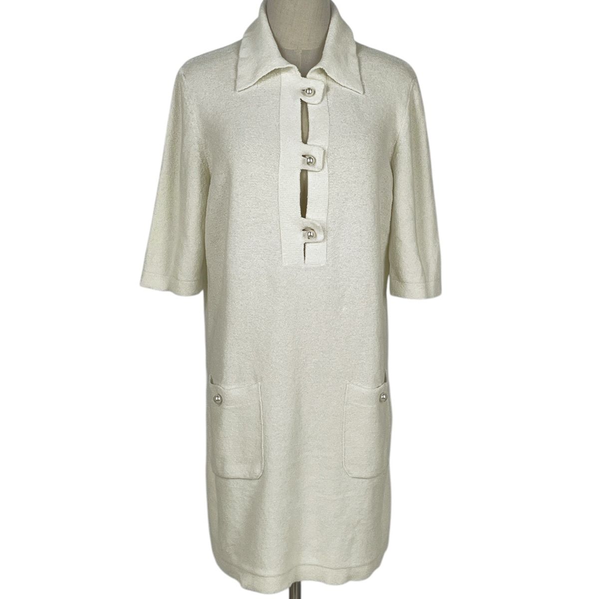 Chanel Faux Pearl Button Short Sleeve Dress Pile Skirt Cotton Nylon White