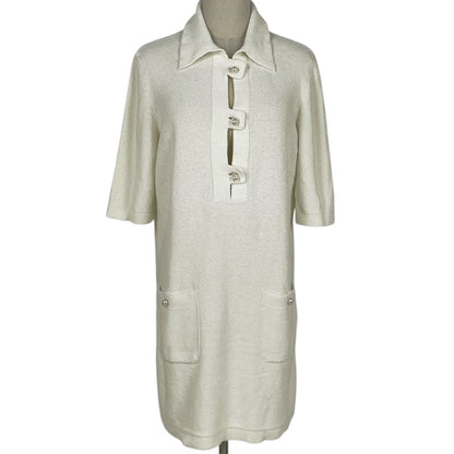 Chanel Faux Pearl Button Short Sleeve Dress Pile Skirt Cotton Nylon White