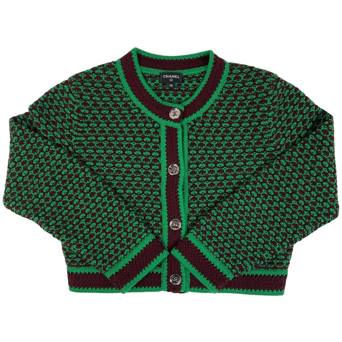 Chanel CC Logo Button Cardigan Knit Top Cashmere Green