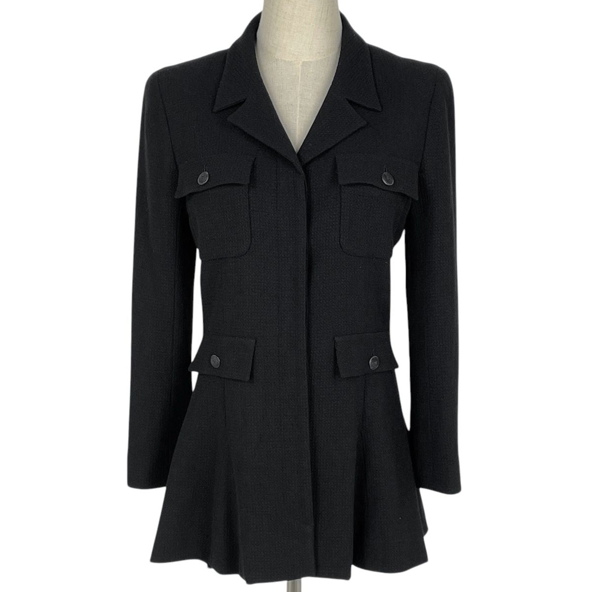 Chanel CC Logo Button Tailored Jacket Outer Wool Rayon Black