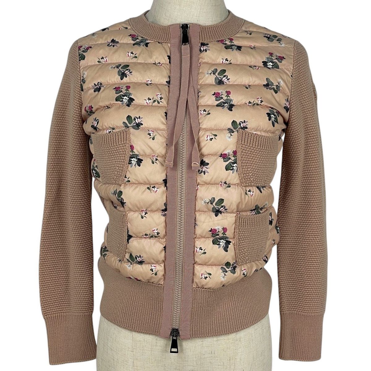 Moncler Knit Contrast Down Jacket Floral Top Cardigan Pink