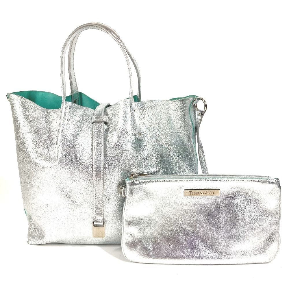 Tiffany & Co Handbag Logo Reversible Metallic Leather Silver