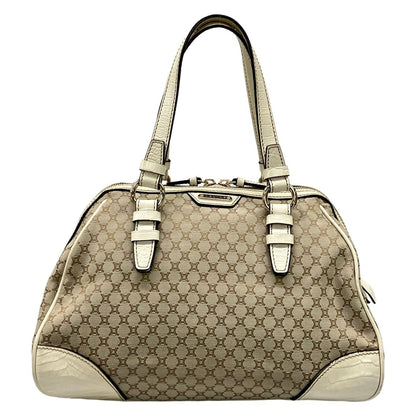 Celine Handbag Macadam Pattern Gray Beige Ivory Embossed Leather