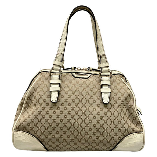 Celine Handbag Macadam Pattern Gray Beige Ivory Embossed Leather