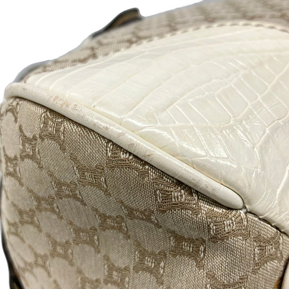 Celine Handbag Macadam Pattern Gray Beige Ivory Embossed Leather — view 6