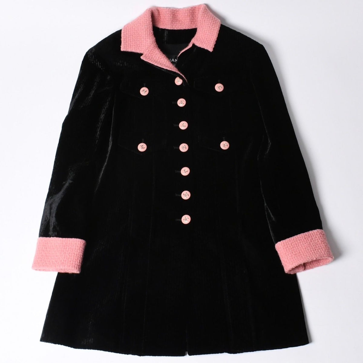 Chanel Long Coat CC Logo Corduroy Tweed Black Pink 36