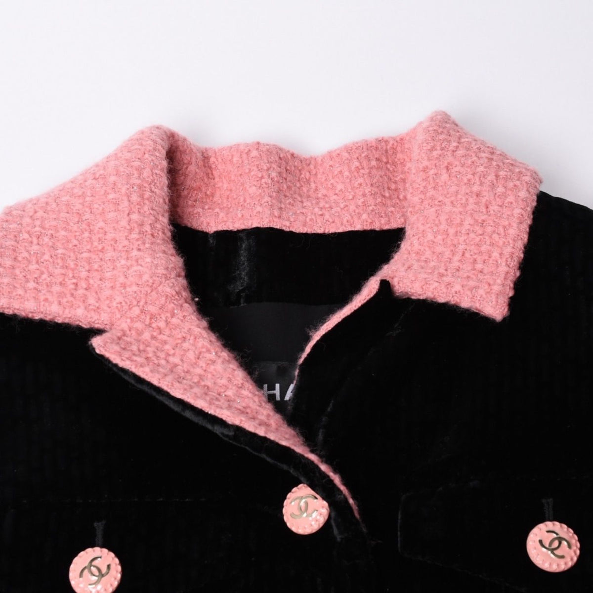 Chanel Long Coat CC Logo Corduroy Tweed Black Pink 36 — view 3