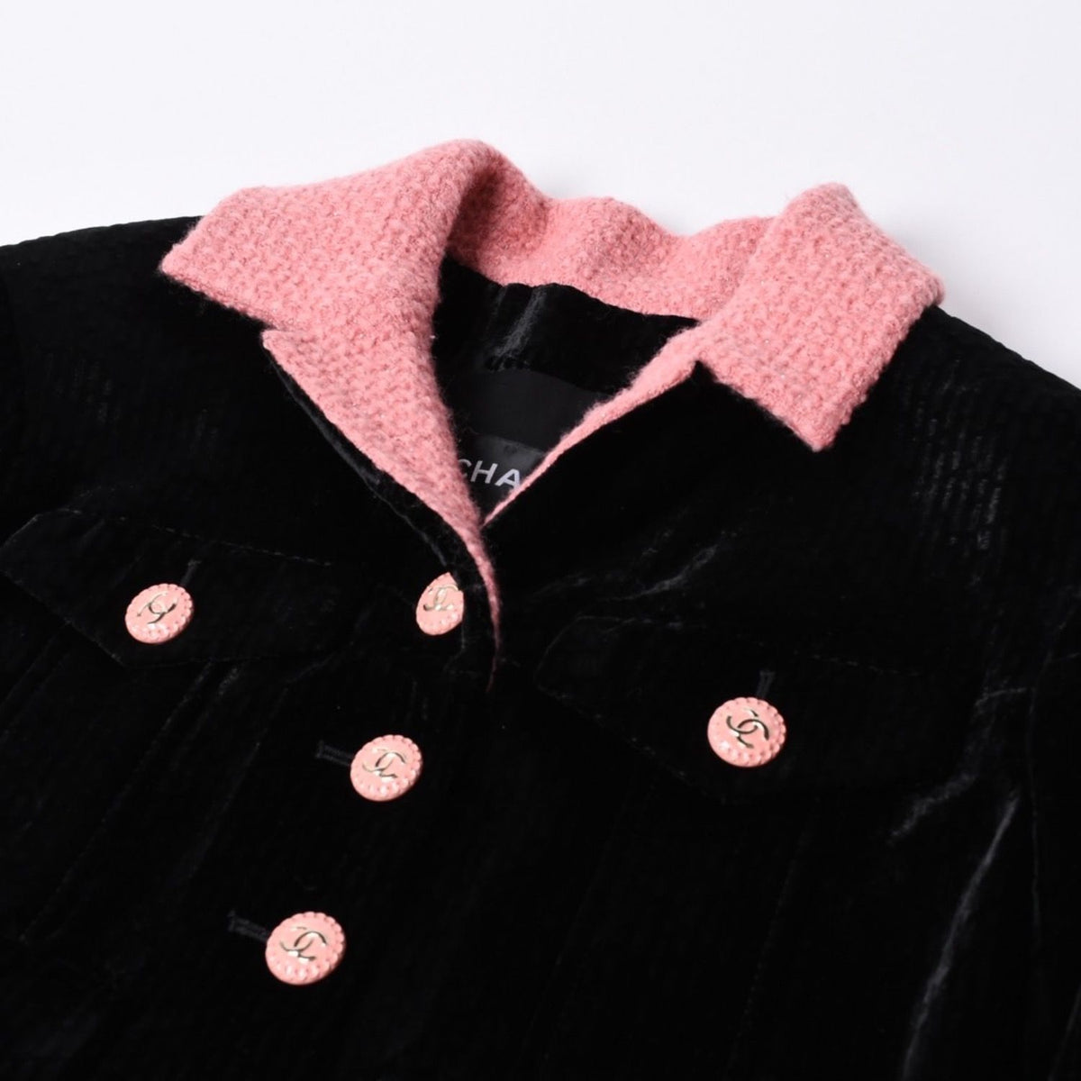 Chanel Long Coat CC Logo Corduroy Tweed Black Pink 36 — view 4