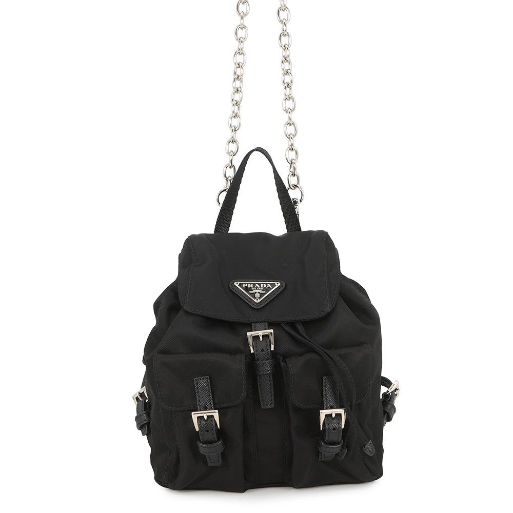 Prada Chain Shoulder Bag Triangle Logo Mini Backpack Black