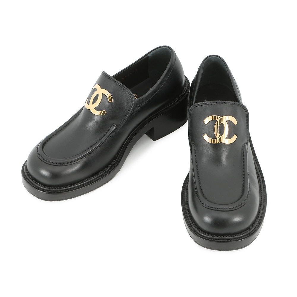 Chanel Loafers CC Logo Leather 37.5 Shoes Black