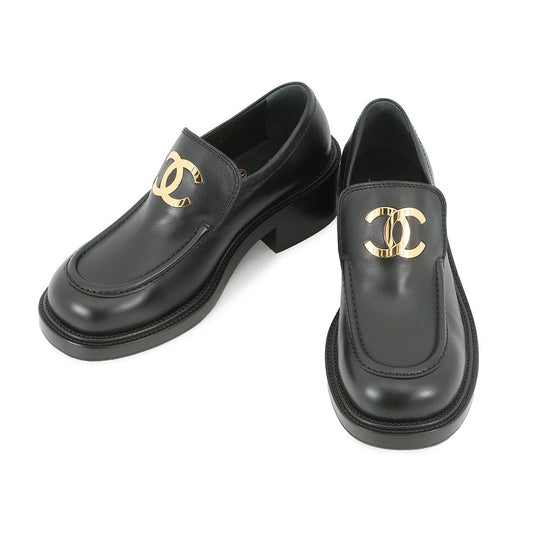 Chanel Loafers CC Logo Leather 37.5 Shoes Black