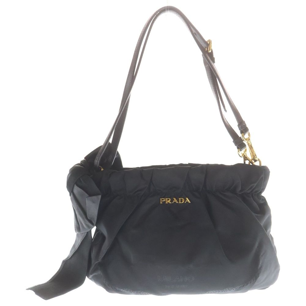 Prada Ribbon Shoulder Bag Black Nylon Leather Gold
