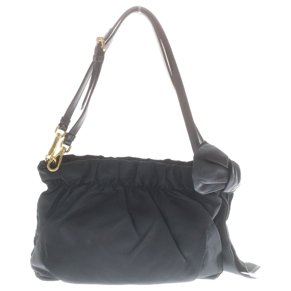 Prada Ribbon Shoulder Bag Black Nylon Leather Gold — view 2