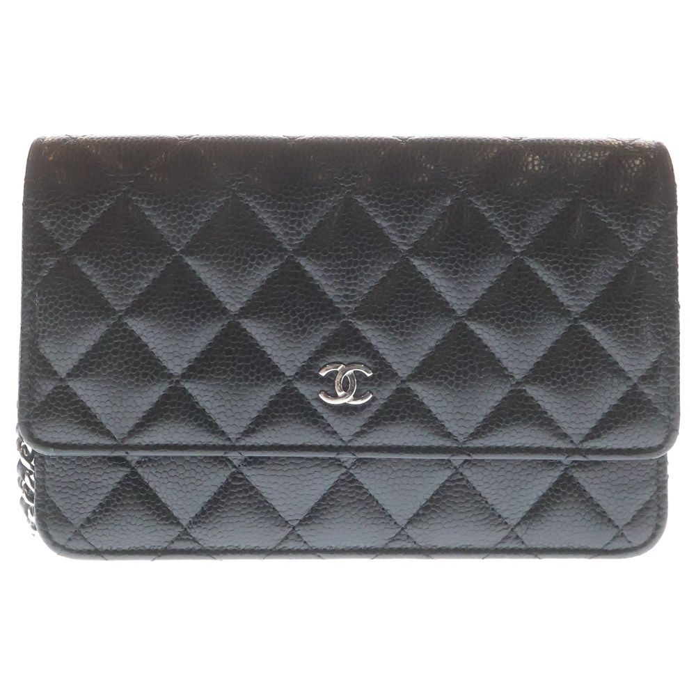 Chanel CC Logo Chain Shoulder Bag Wallet Black Caviar Leather Silver