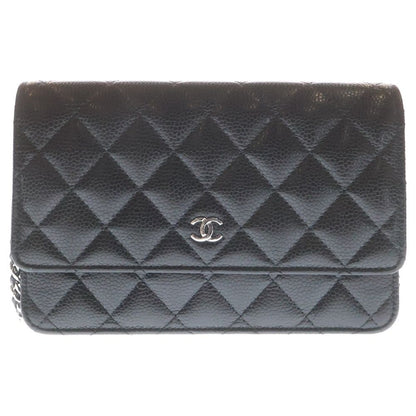 Chanel CC Logo Chain Shoulder Bag Wallet Black Caviar Leather Silver